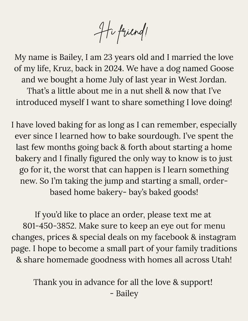 A handwritten note introducing Bailey and Bay's Baked Goods